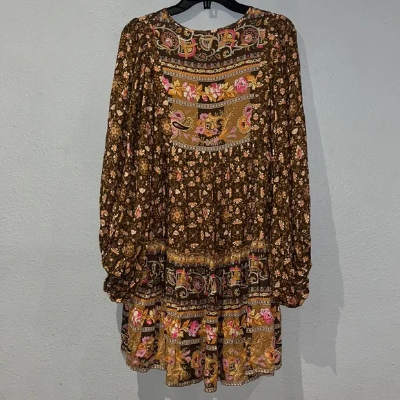 New SPELL MADAME PEACOCK BOHO festival Relax fit MINI DRESS - COFFEE - Picture 8 of 14